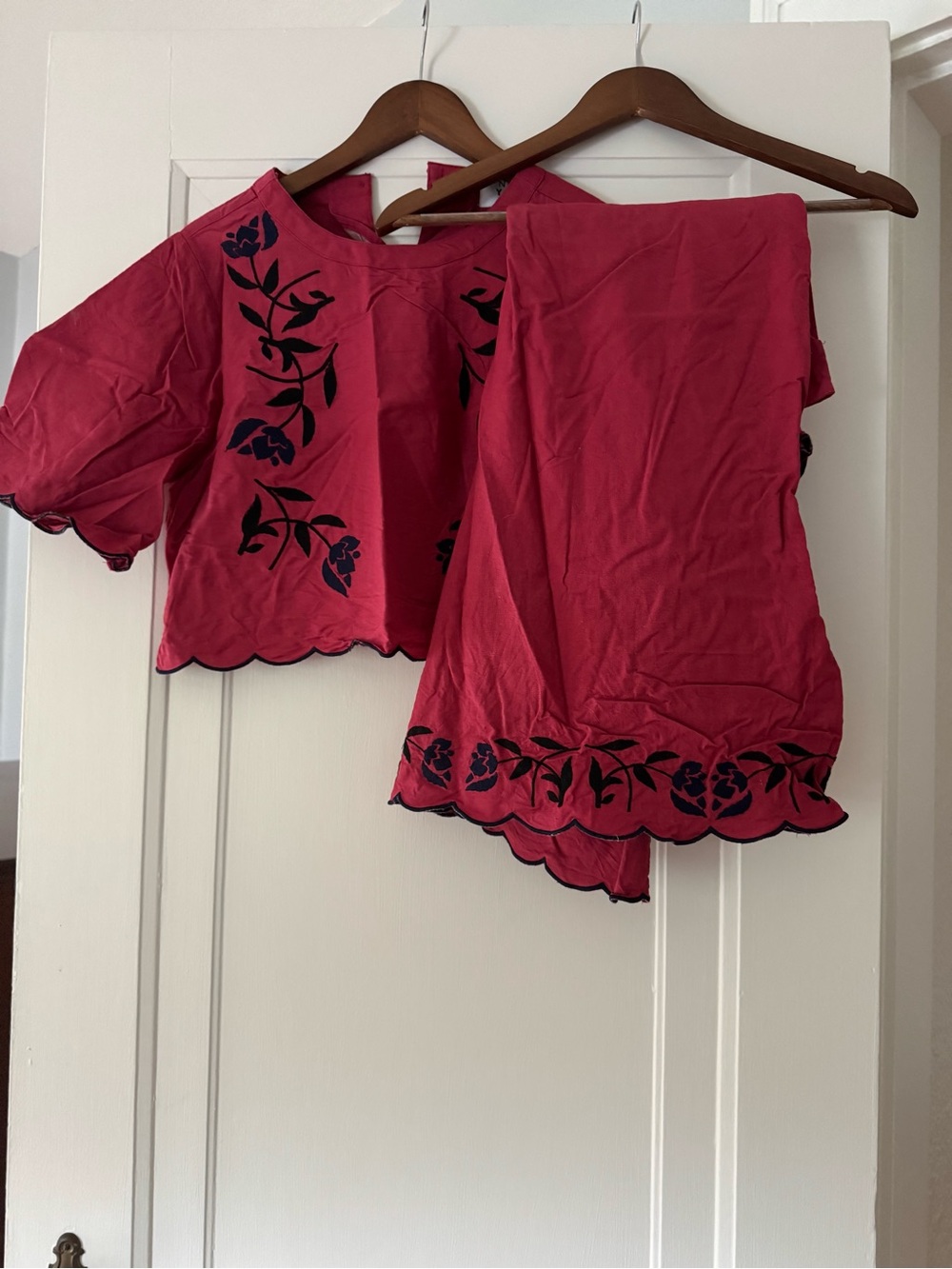 Pink Embroidered Scalloped Hem with Midi Skirt Set